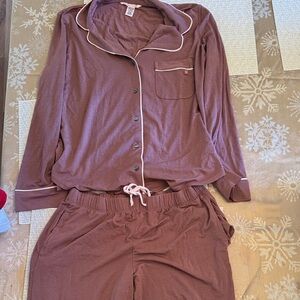 Victoria’s Secret Mauve with Shimmer dusted lines Pajama Set with White Trim.